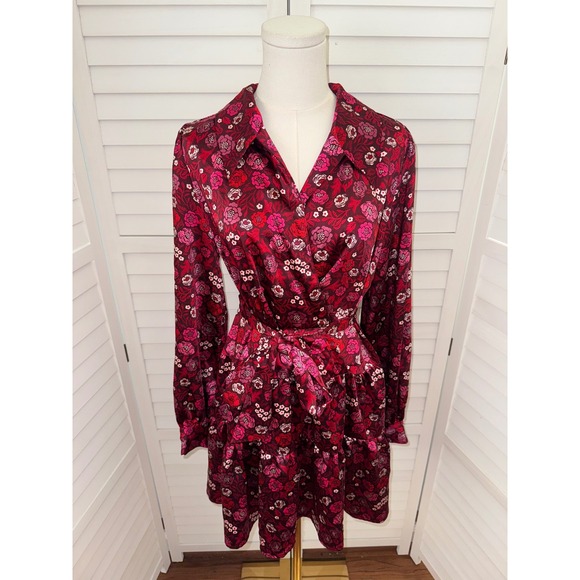ON 34th Red Floral Print Long Sleeve Ruffle Mini Dress Womens Small NWT - Picture 1 of 8
